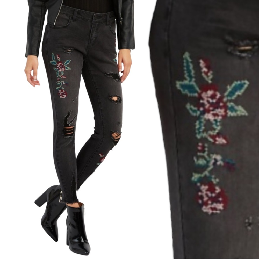 Floral Embroidered Distressed Jeans 8 Skinny Charcoal Black Pixelated Destroyed